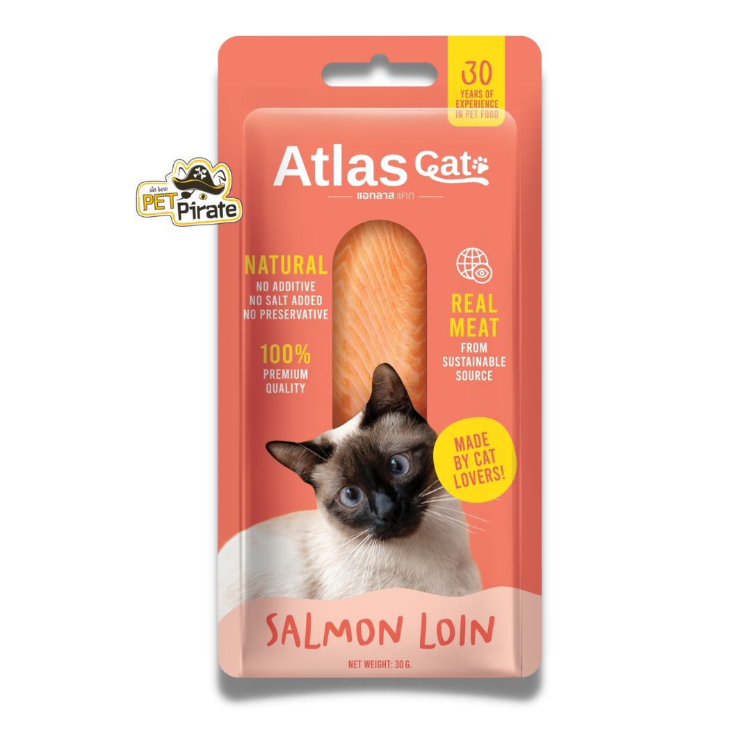 Atlas Cat Loin ขนมแมว เนื้อปลาแซลมอน [ชุด 3 ซอง] เนื้อปลาชิ้น ไม่ปรุงแต่งสี ไม่ใส่สารกันบูด มีประโยชน์ อร่อย หอม