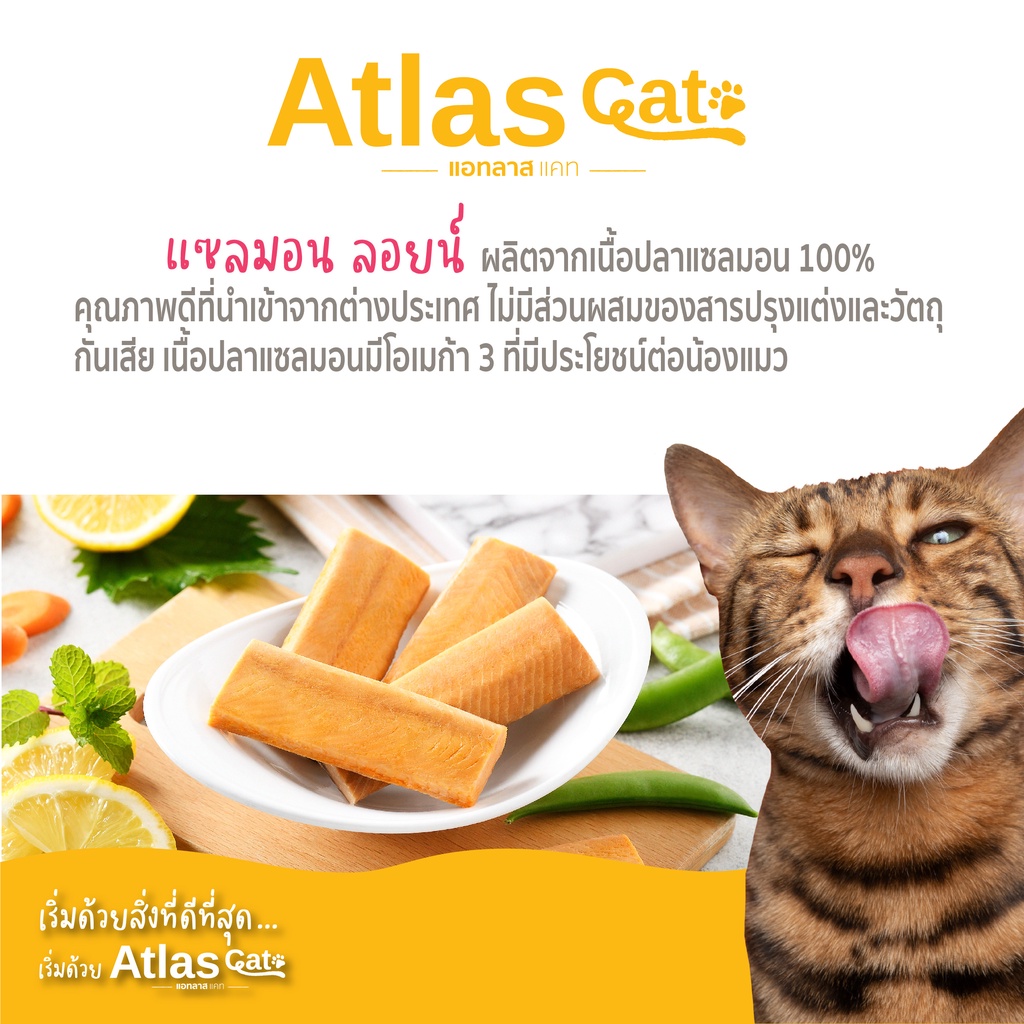Atlas Cat Loin ขนมแมว เนื้อปลาแซลมอน [ชุด 3 ซอง] เนื้อปลาชิ้น ไม่ปรุงแต่งสี ไม่ใส่สารกันบูด มีประโยชน์ อร่อย หอม