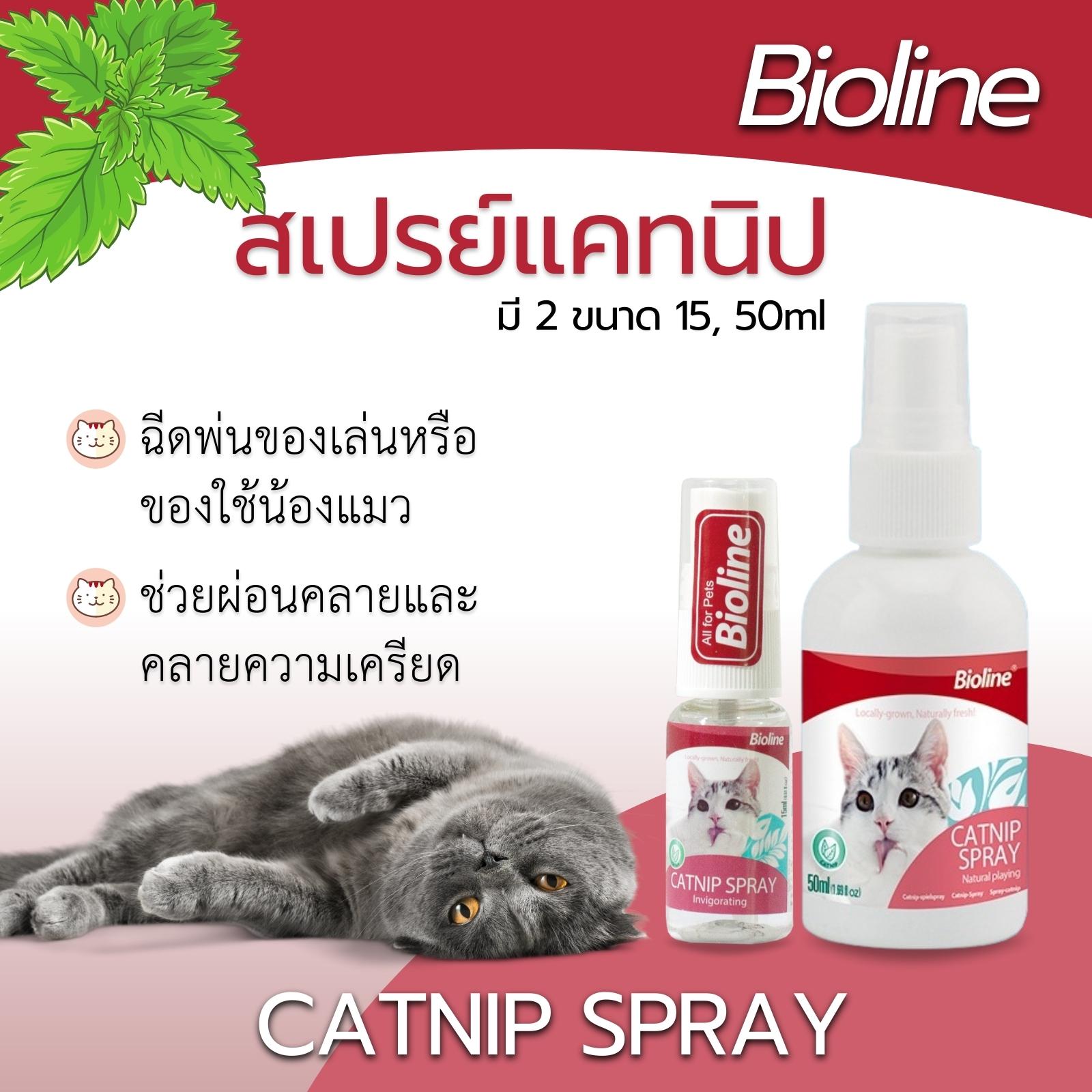Bioline Catnip Spray สเปรย์แคทนิป ฉีดพ่นของเล่นหรือของใช้น้องแมว ช่วยผ่อนคลายและคลายความเครียด ขนาด 15, 50ml
