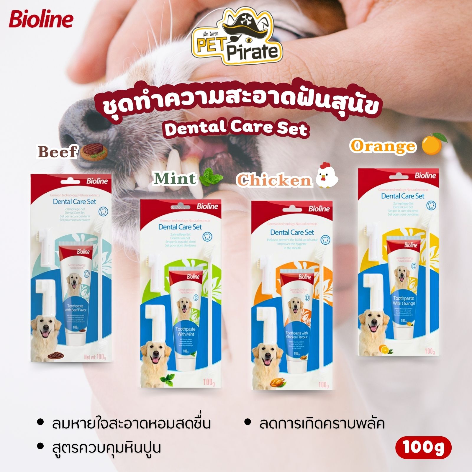 Bioline ยาสีฟันไบโอไลน์ ชุดทำความสะอาดฟันสุนัข สูตรควบคุมหินปูน ลดการเกิดคราบพลัค ลมหายใจสะอาด หอมสดชื่น มี 4 กลิ่น