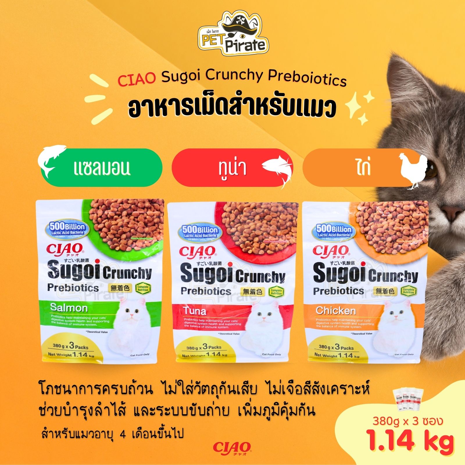 CIAO Sugoi Crunchy Preboiotics อาหารเม็ดสำหรับแมว มีพรีไบโอติกส์ อายุ 4 เดือนขึ้นไป 1.14kg