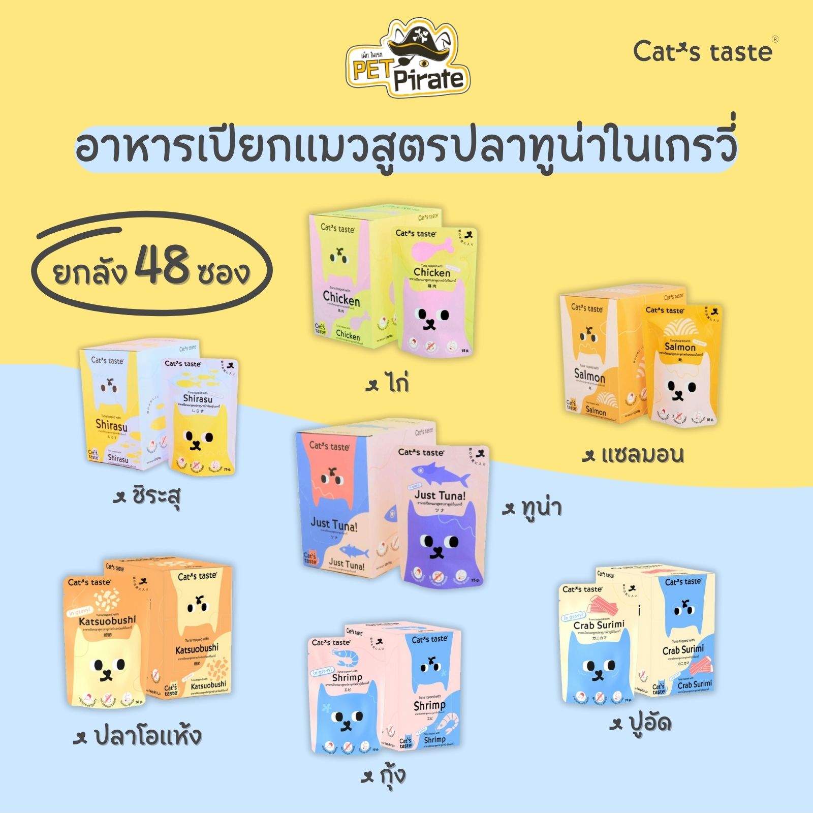 Cat's Taste อาหารเปียกแมว สูตรเกรวี่ [ยกลัง 48 ซอง] มีให้เลือก 7 รสชาติ เนื้อปลาทูน่าแท้ มีโปรตีนสูง ไม่มีธัญพืช