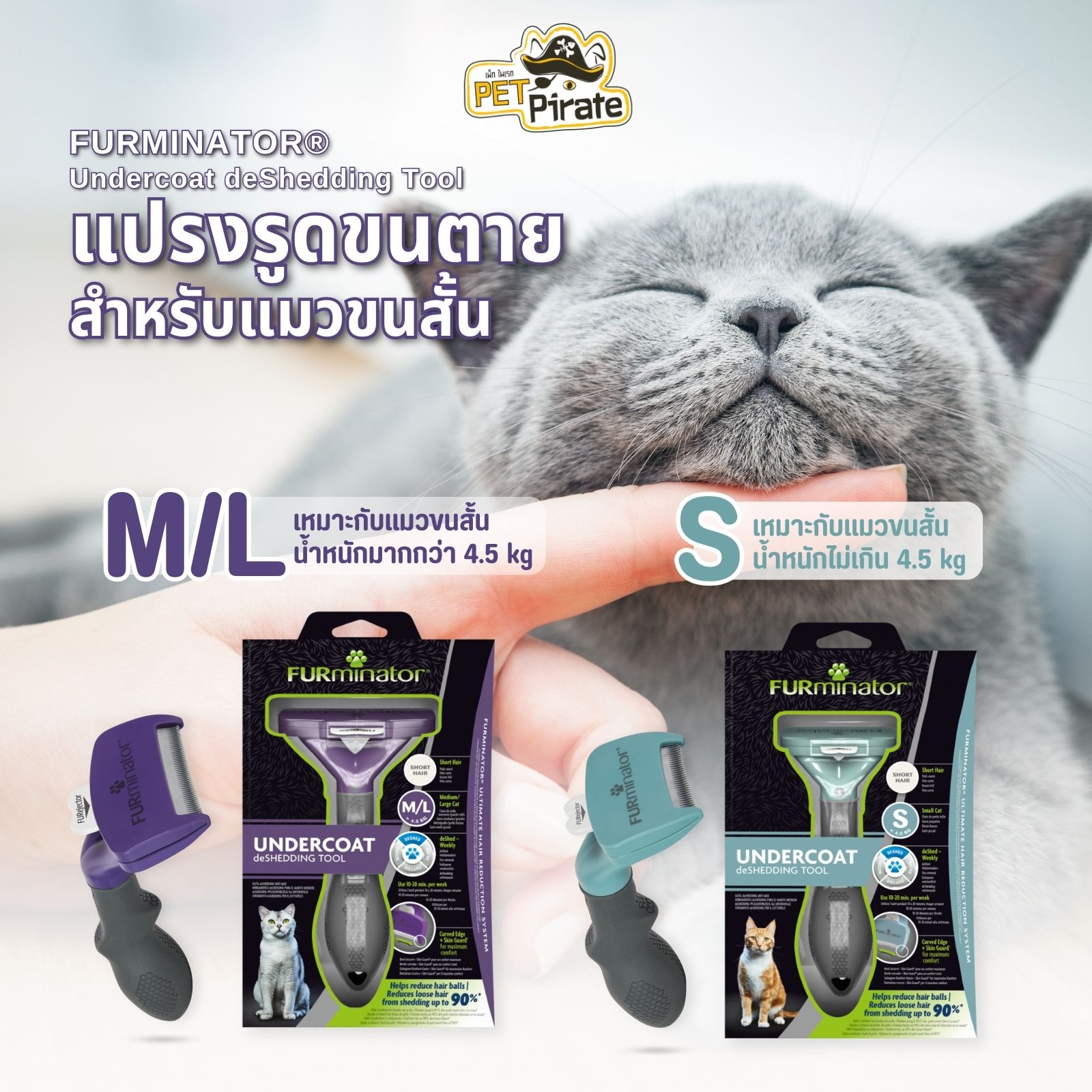 FURminator แปรงรูดขนตาย สำหรับแมวขนสั้น เก็บขนร่วง แก้ปัญหาขนฟุ้งกระจายที่ต้นเหตุ นำเข้าจาก USA