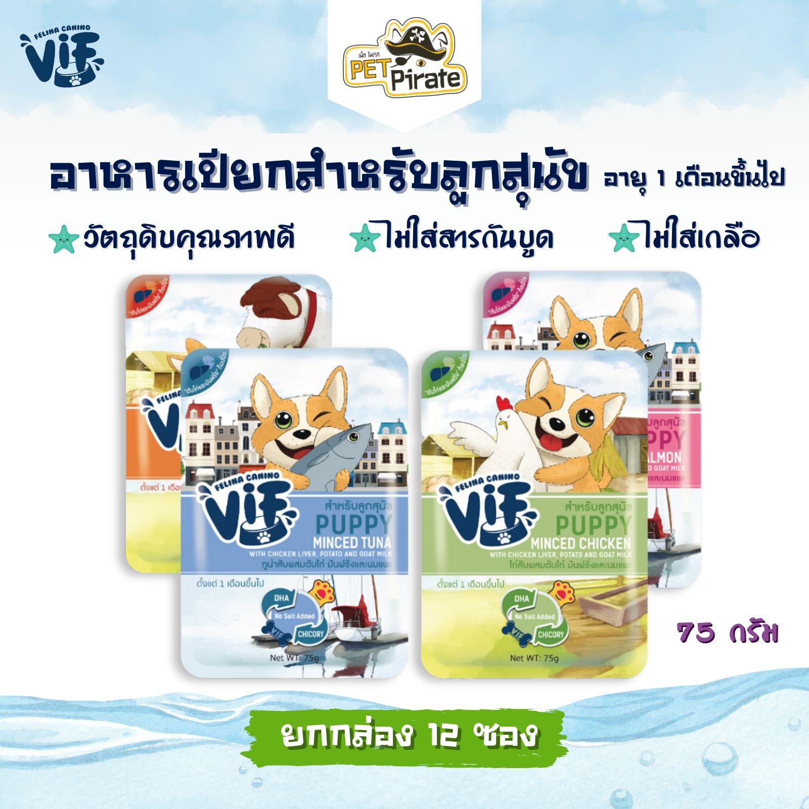 Felina VIF Puppy อาหารเปียกสำหรับลูกสุนัข อายุ 1 เดือนขึ้นไป ไม่ใส่เกลือ ยกกล่อง 12 ซอง