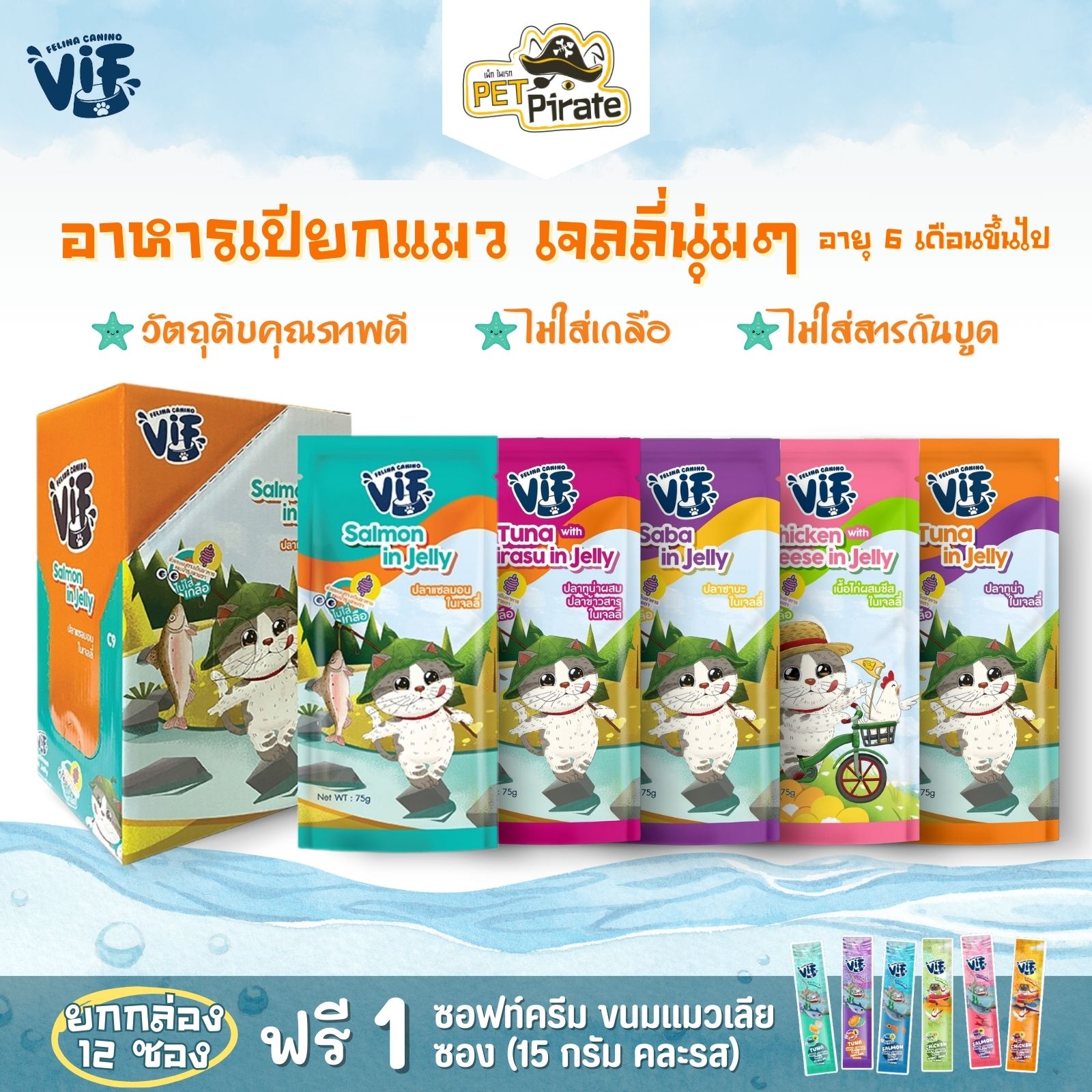 Felina VIF Jelly อาหารเปียกแมว แบบเนื้อเจลลี่นุ่มๆ ไม่ใส่เกลือ [ยกกล่อง 12 ซอง ฟรี! แมวเลีย 1 อัน]