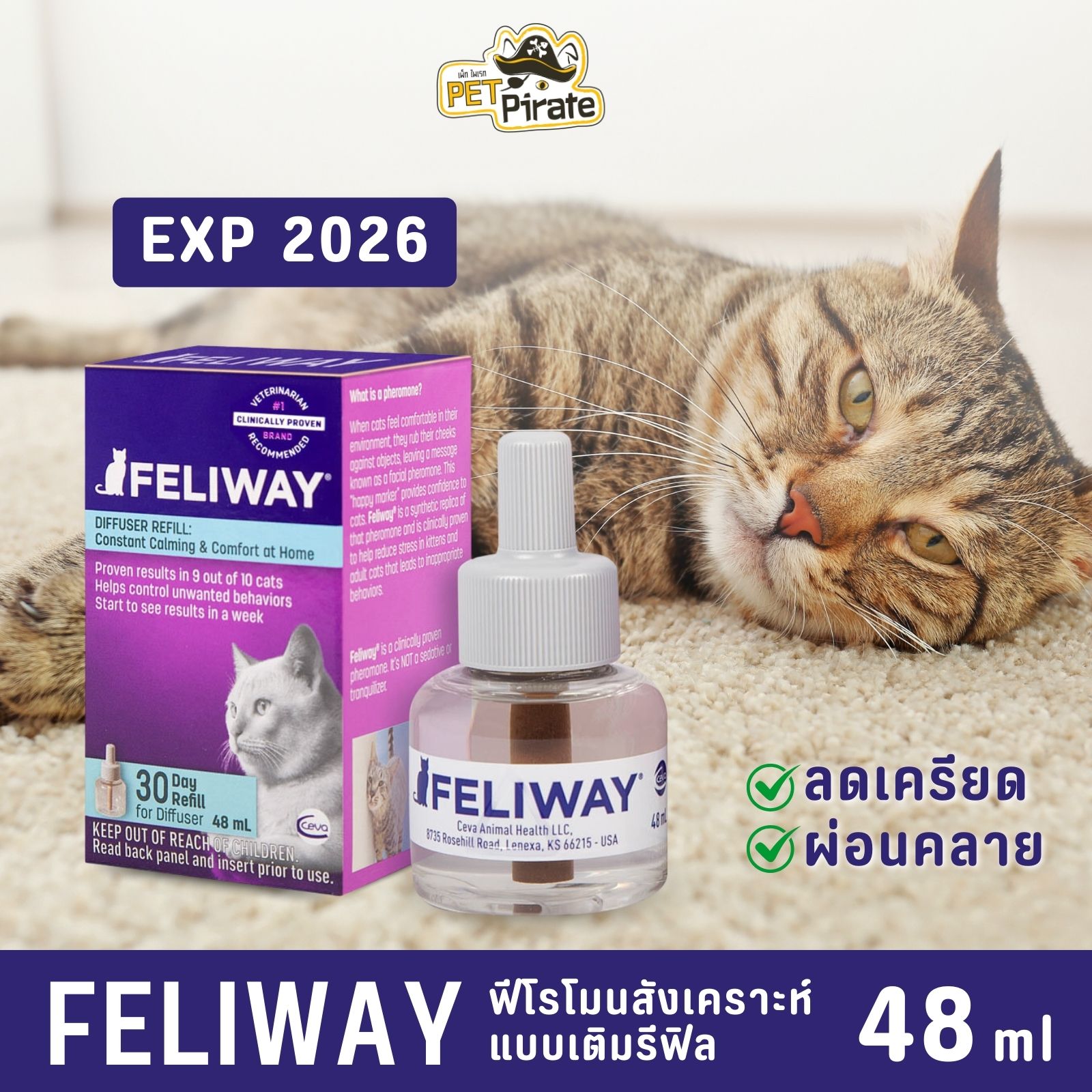 [EXP 2026] Feliway Diffuser Refill ฟีโรโมนสังเคราะห์ ชนิดเติม ลดก้าวร้าว ลดหง่าว ลดเครียด สยบอารมณ์ 48ml