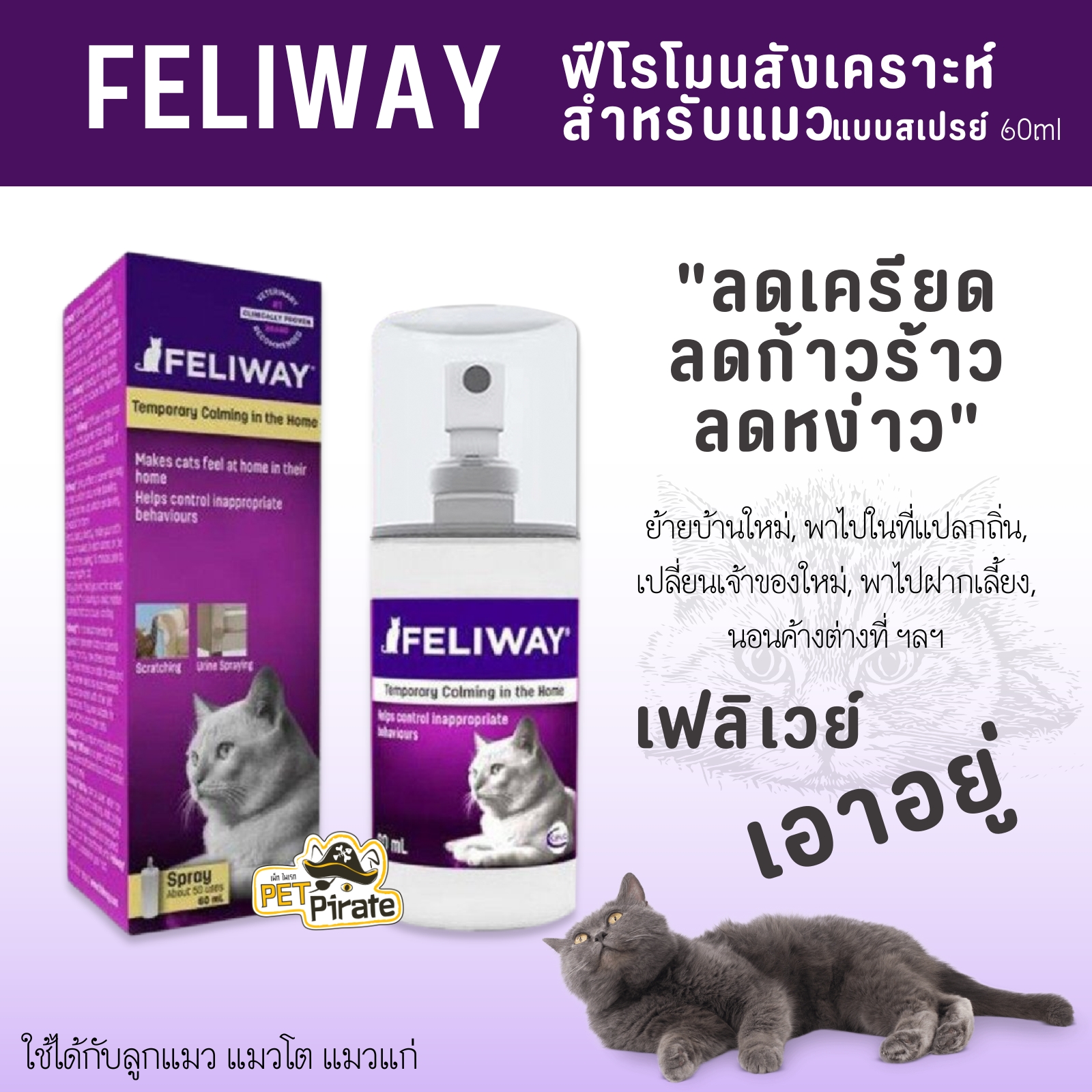 Feliway สเปรย์ฟีโรโมนสังเคราะห์สำหรับแมว ปรับเปลี่ยนพฤติกรรมที่ไม่เหมาะสม คลายเครียด​ 60ml​