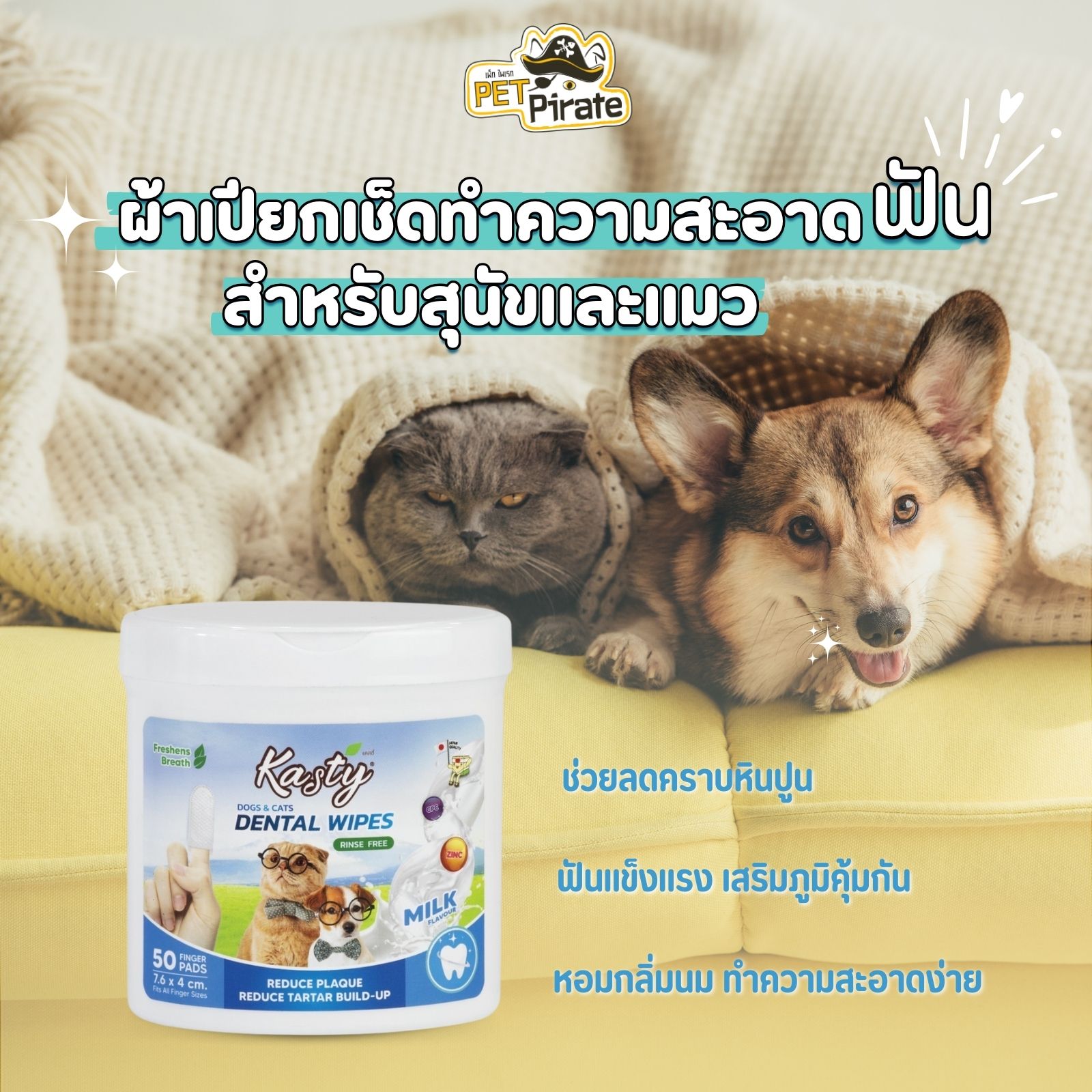 Kasty Dental Wipes ผ้าเปียกเช็ดทำความสะอาดฟัน สำหรับสุนัขและแมว หอมกลิ่มนม ช่วยลดกลิ่นปาก ลดคราบหินปูน บรรจุ 50 แผ่น