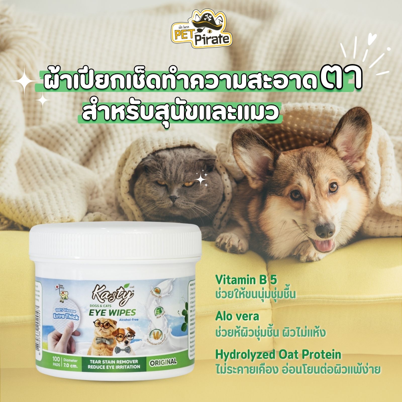 Kasty Eye Wipes ผ้าเปียกเช็ดทำความสะอาดตา สำหรับสุนัขและแมว ยับยั้งแบคทีเรีย ผิวชุ่มชื้น อ่อนโยนต่อผิว บรรจุ 50 แผ่น