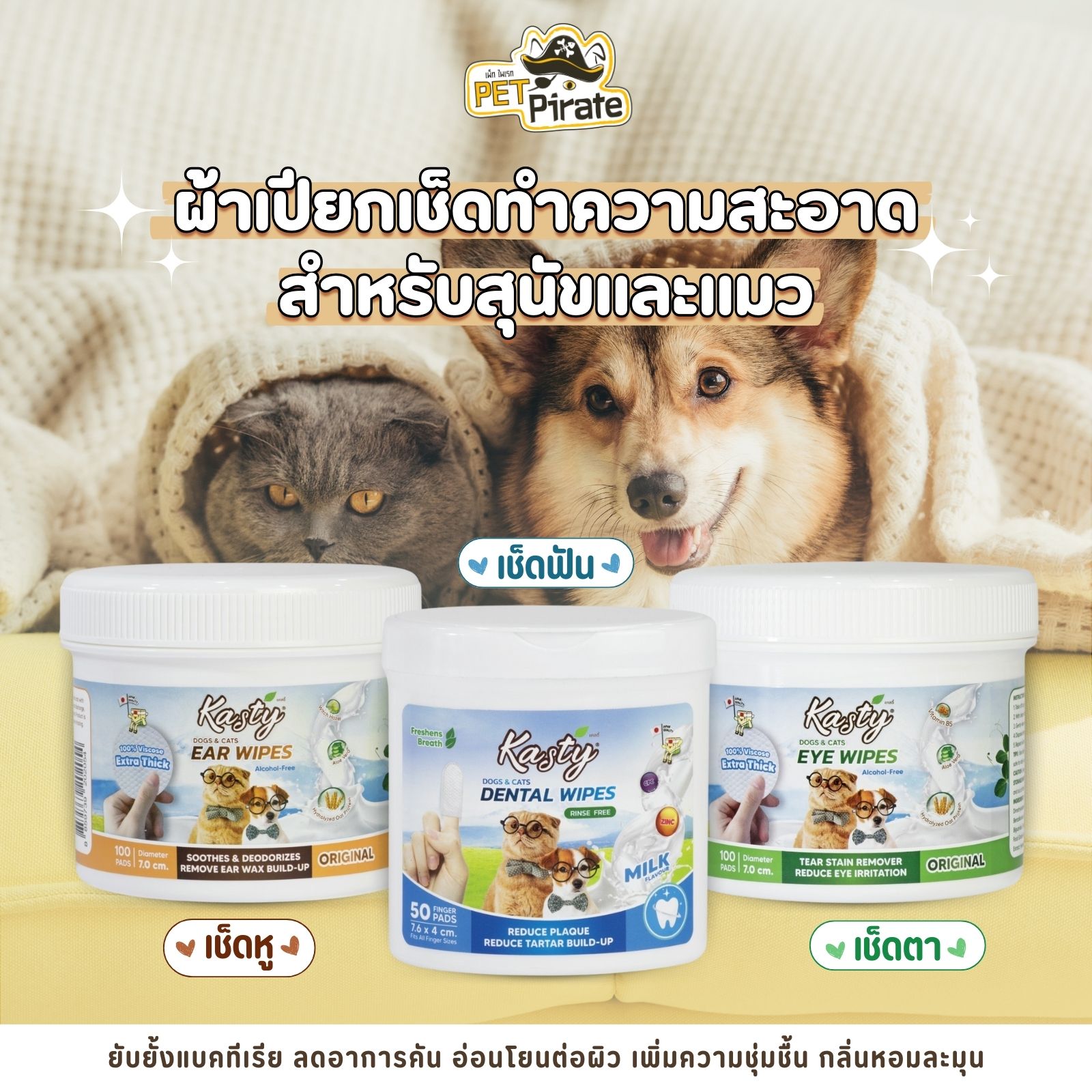 Kasty Pet Wipes ผ้าเปียกเช็ดทำความสะอาด หู ตา ฟัน สำหรับสุนัขและแมว ทำจากเส้นใยพืชธรรมชาติ อ่อนโยน กลิ่นหอม