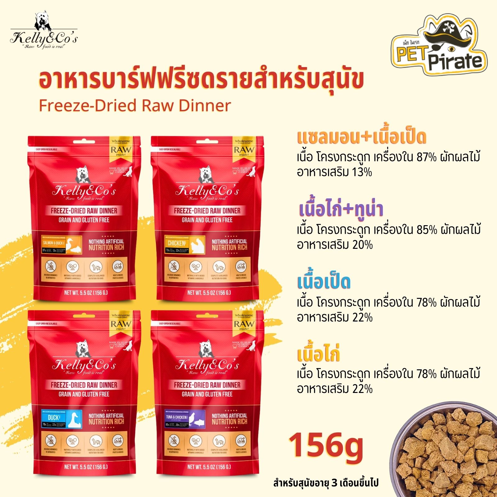 Kelly & Co's Freeze-Dried Raw Dinner อาหารบาร์ฟฟรีซดรายแบบแห้ง โปรตีนสูง ปลอดธัญพืช ครบถ้วนโภชนาการ มีให้เลือก 4 สูตร