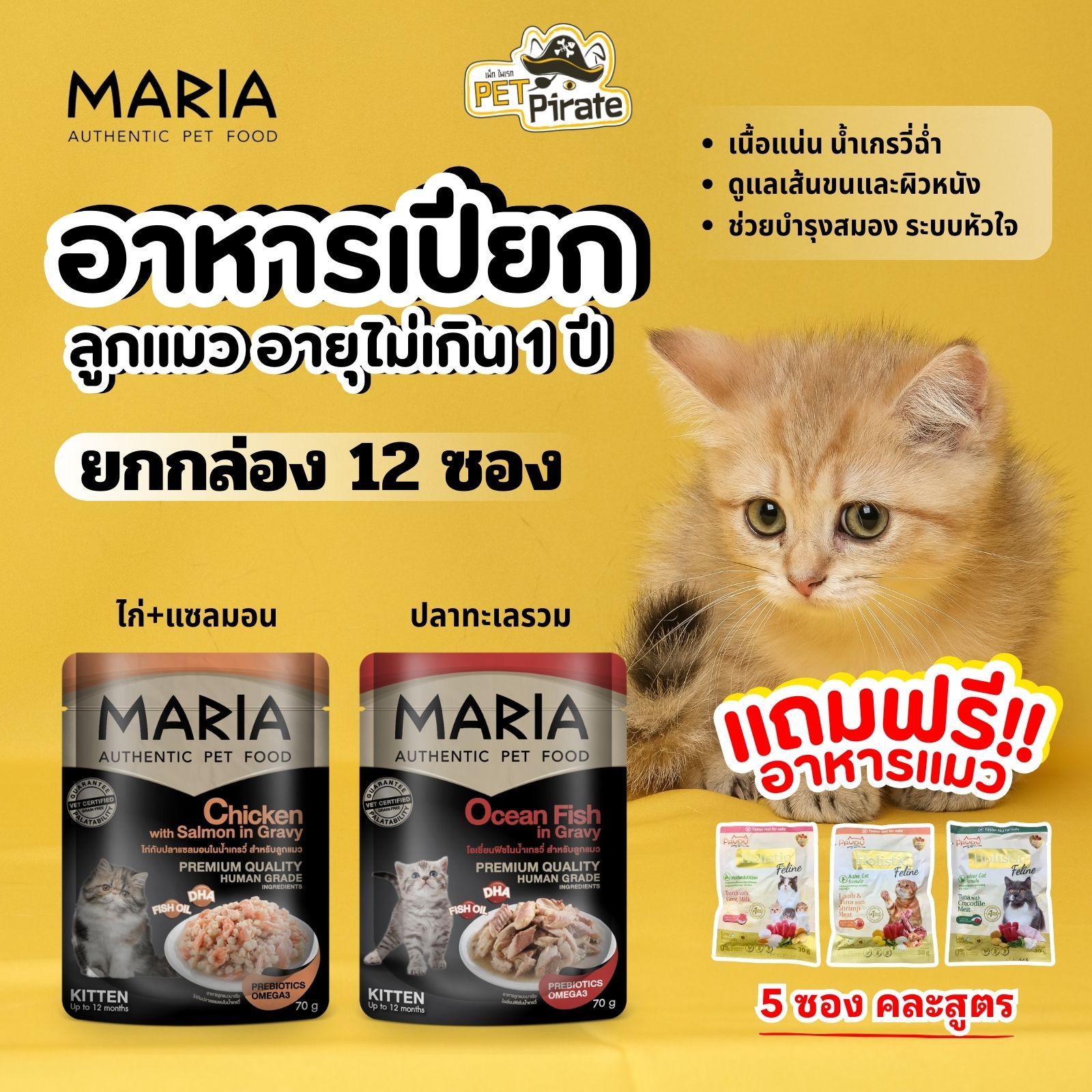 Maria อาหารเปียกลูกแมว เกรดพรีเมียม [ ยกกล่อง 12 ซอง แถมอาหารแมวพอดี้ 5 ซอง คละสูตร ] 70 กรัม/ซอง