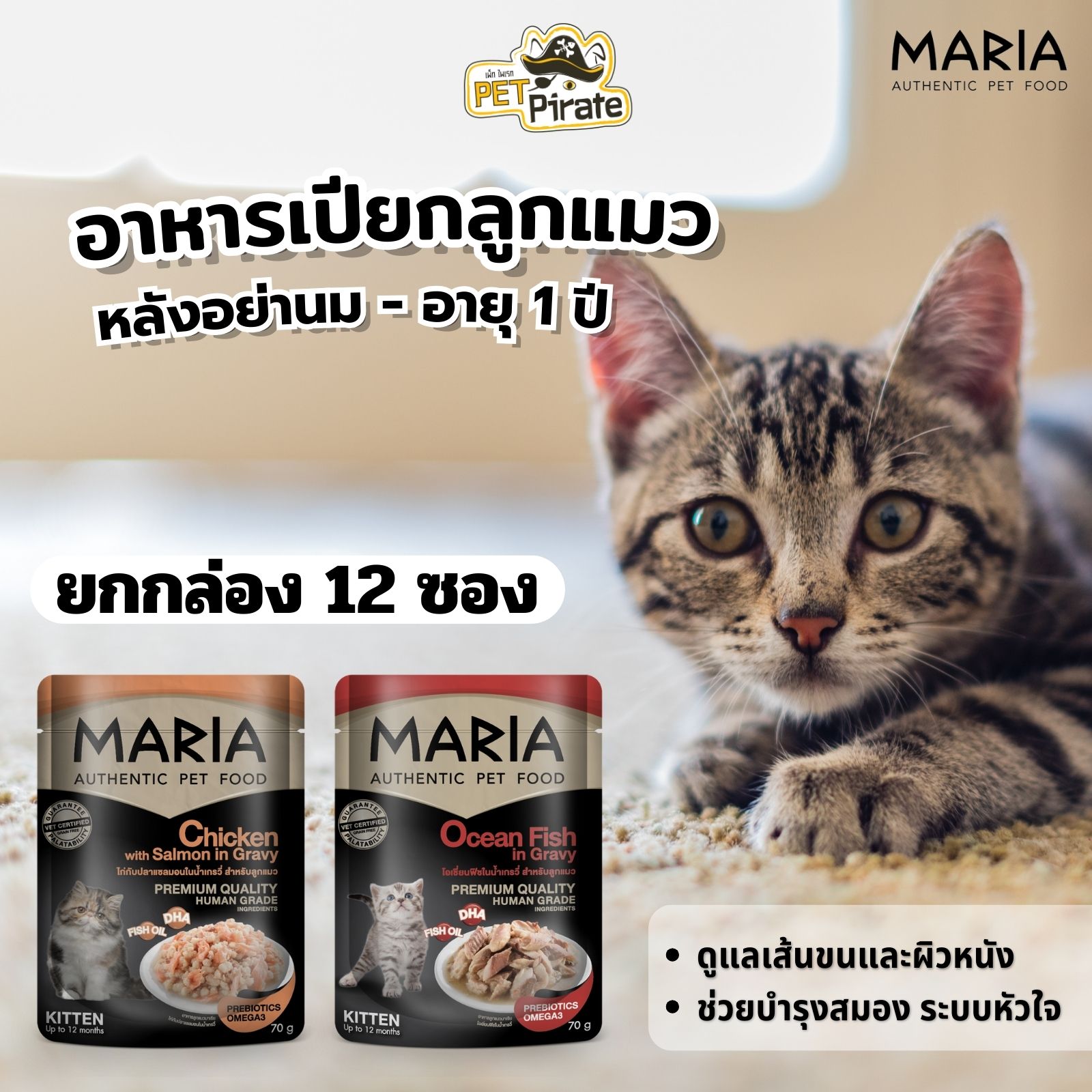 MARIA อาหารเปียกลูกแมว เกรดพรีเมียม [ยกกล่อง 12 ซอง] เนื้อแน่นซอง หอมน้ำเกรวี่ สารอาหารครบครัน