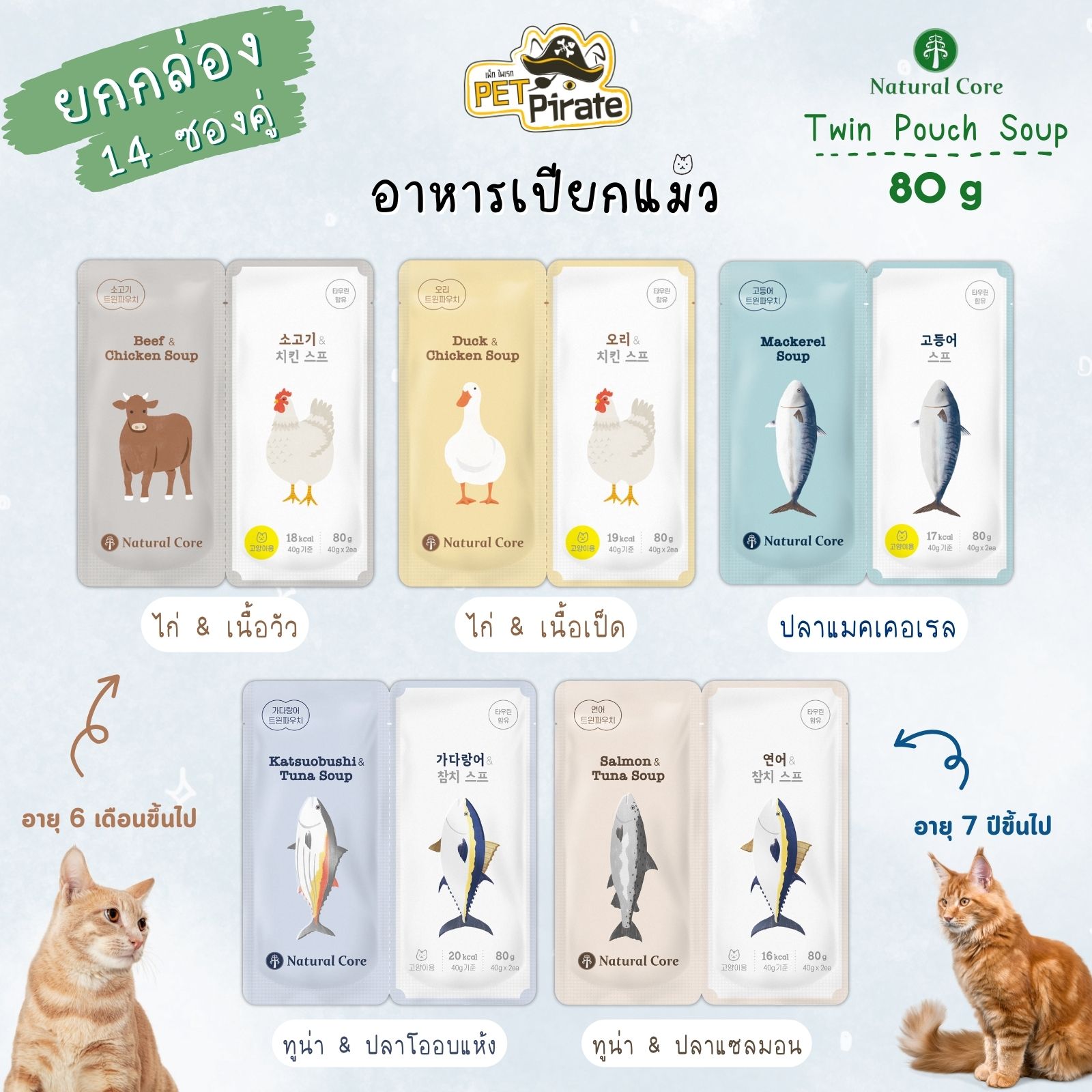 Natural Core Twin Pouch อาหารเปียกแมวโตและแมวสูงอายุ [ยกกล่อง 14 ซองคู่] ไขมัน โซเดียมต่ำ วิตามินแร่ธาตุครบ