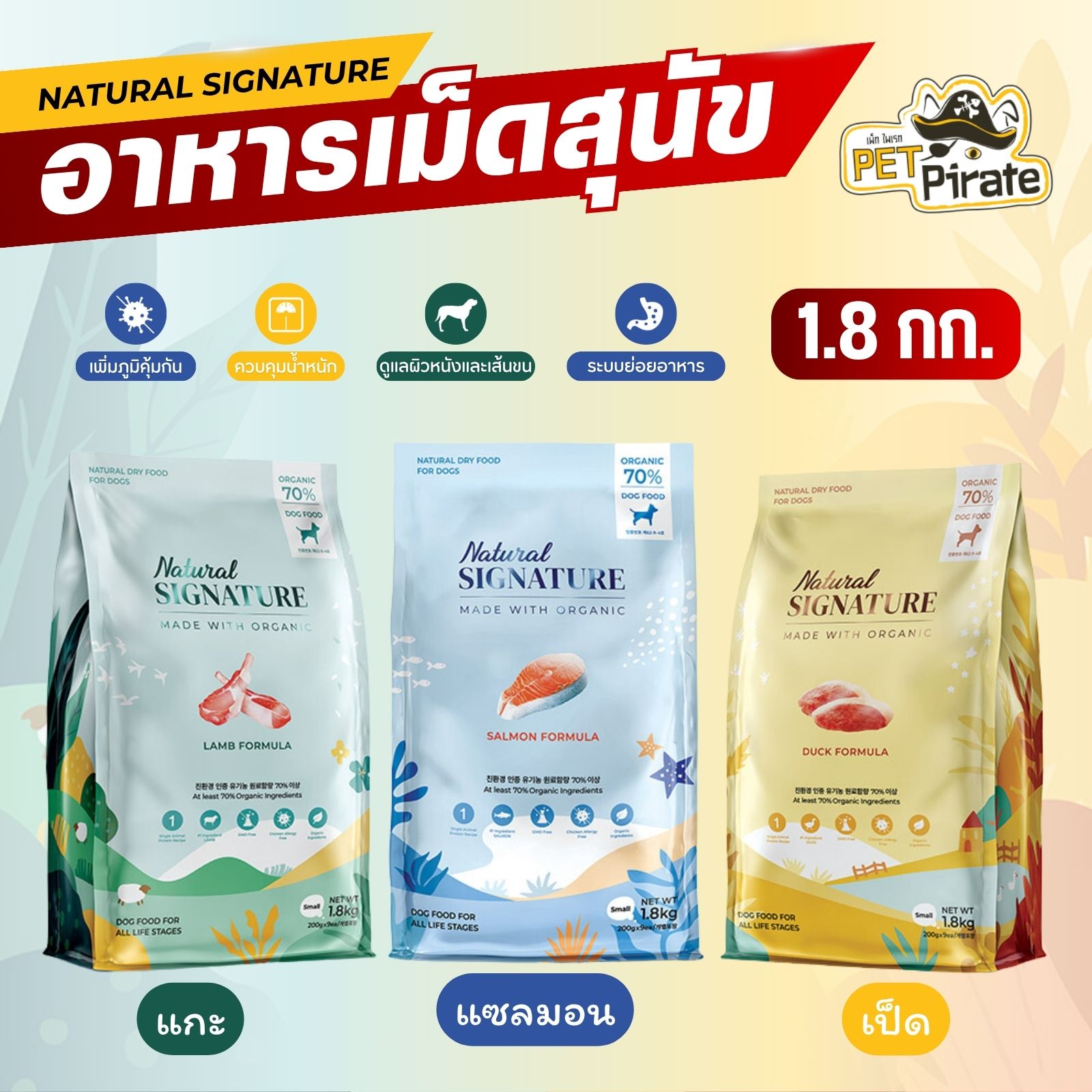 Natural SIGNATURE Natural Ingredient อาหารเม็ดสำหรับสุนัขโต สูตร Organic ดูแลผิวหนัง เส้นขน เพิ่มภูมิคุ้มกัน มี 3 รสชาติ