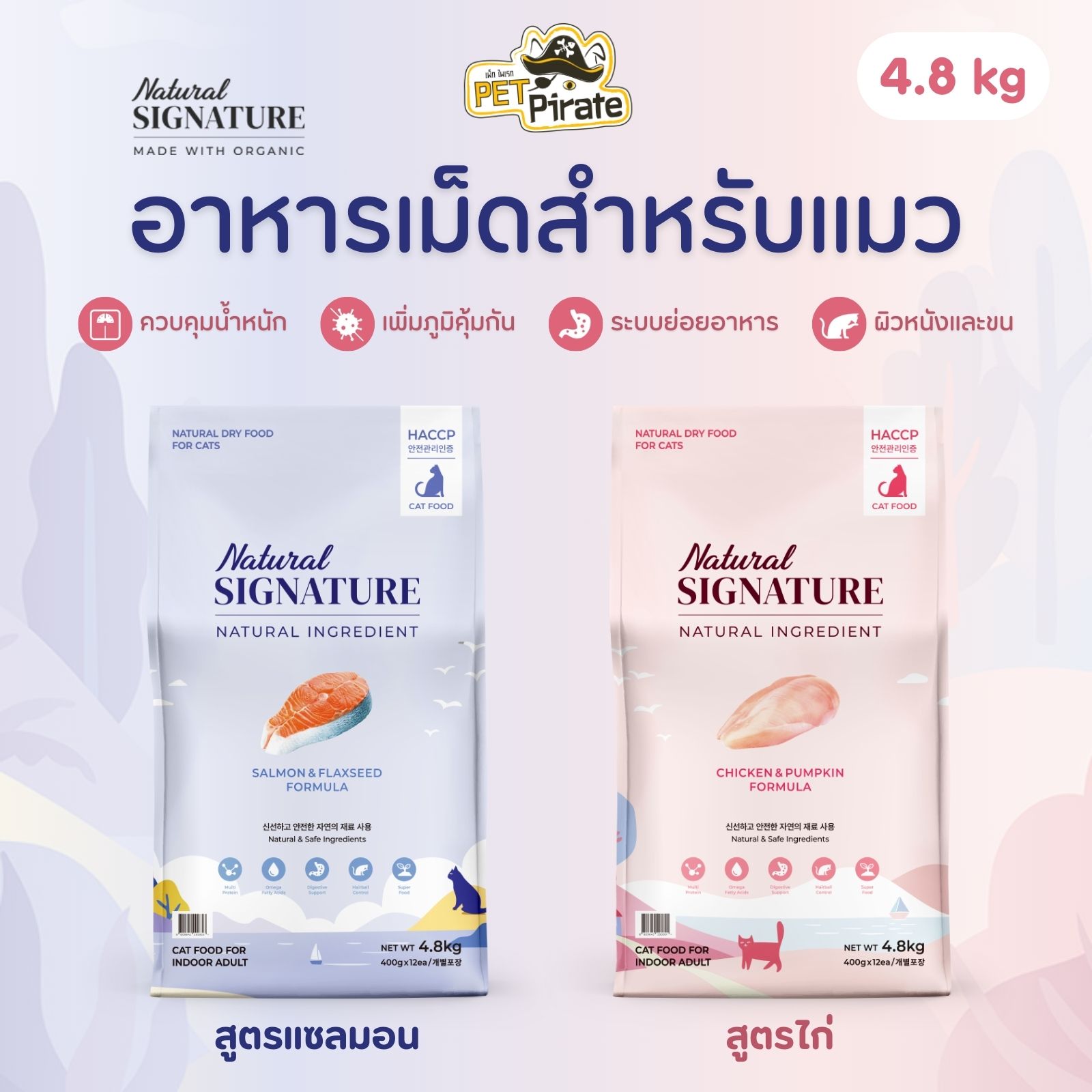 Natural Signature อาหารเม็ดสำหรับแมวโตเลี้ยงในบ้าน สูตรไก่และแซลมอน โปรตีน วิตามินแร่ธาตุครบ 4.8 กก.