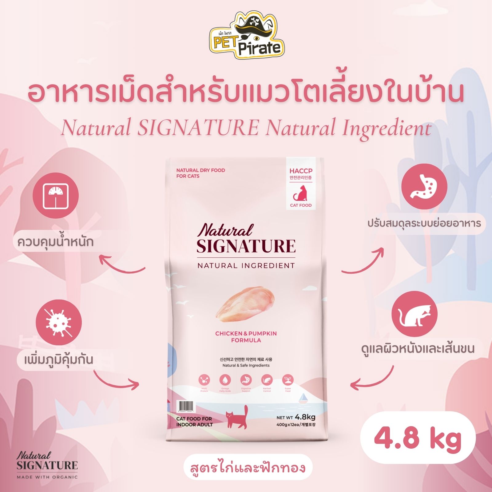 Natural Signature อาหารเม็ดสำหรับแมวโตเลี้ยงในบ้าน สูตรไก่และฟักทอง โปรตีน วิตามินแร่ธาตุครบ 4.8 กก.