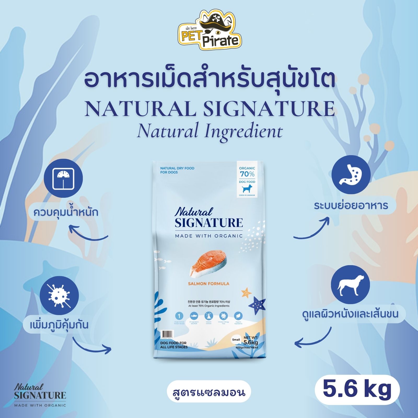 Natural SIGNATURE อาหารเม็ดสำหรับสุนัขแพ้เนื้อไก่ สูตรแซลมอน ทำจากวัตถุดิบออร์แกนิค แหล่งโปรตีนเดี่ยว ขนาดบรรจุ 5.6 กก.