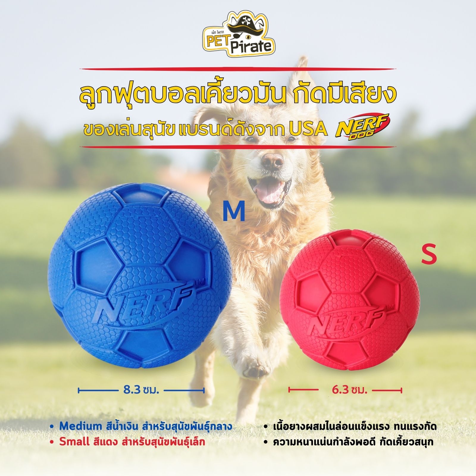 Nerf Dog ของเล่นสุนัข ลูกฟุตบอลเคี้ยวมัน กัดมีเสียง เนื้อยางผสมไนล่อน แบรนด์ดังจาก USA มี 3 ไซส์ ของเล่นบอล ของเล่นสุนัข