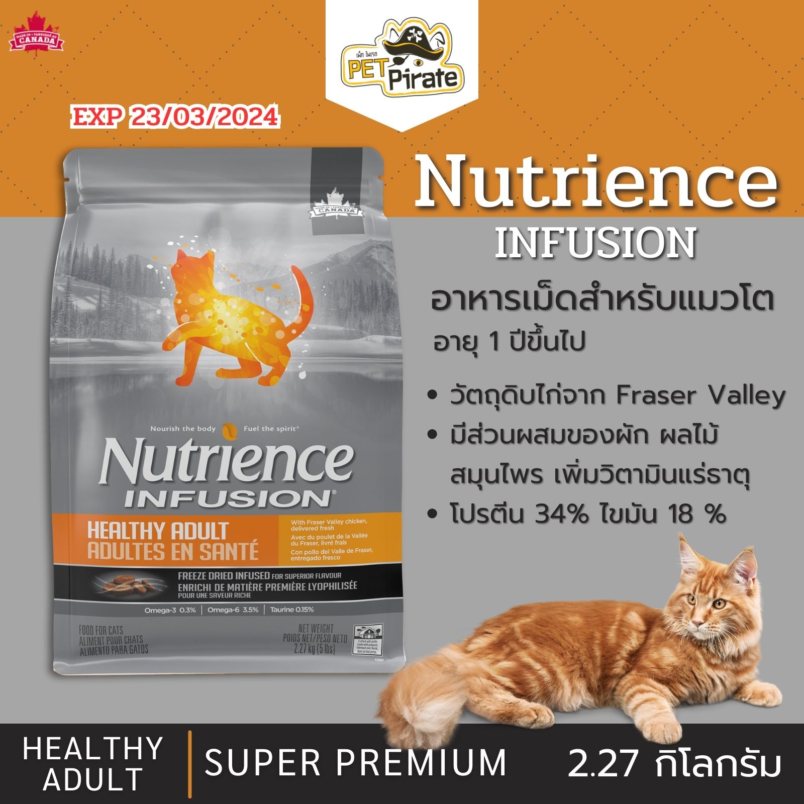 [EXP 23/03/2024] Nutrience Infusion Adult อาหารเม็ดสำหรับแมวโต อายุ 1 ขึ้นไป โฮลิสติก เกรดซุปเปอร์พรีเมี่ยม 2.27 kg