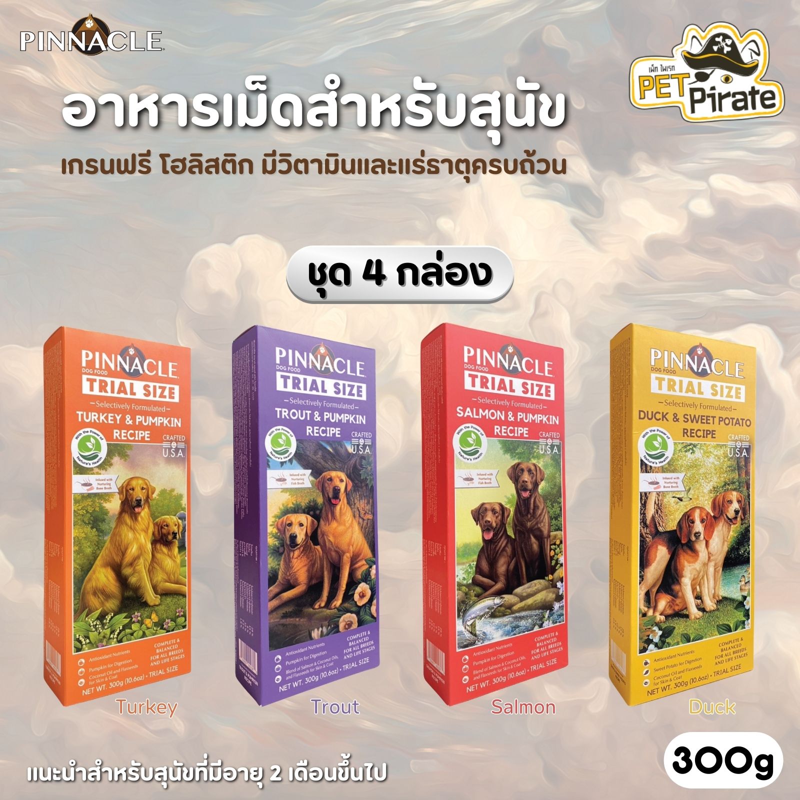 Pinnacle อาหารเม็ดสำหรับสุนัข [ชุด 4 กล่อง] เกรนฟรี โฮลิสติก วิตามินและแร่ธาตุครบ 300g มีให้เลือก 4 รส