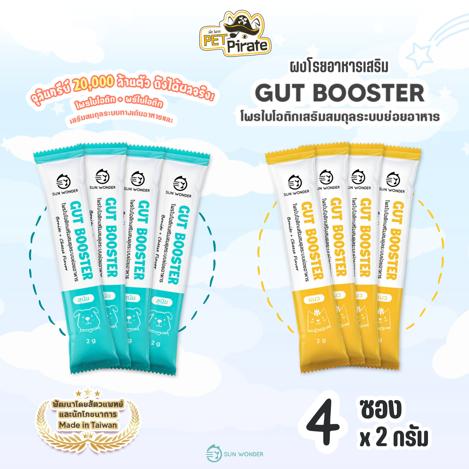 SUN WONDER Gut Booster โพรไบโอติกส์สำหรับสุนัขและแมว [ชุด 4 ซอง] ปรับสมดุลการทำงานของลำไส้ ช่วยย่อยอาหาร