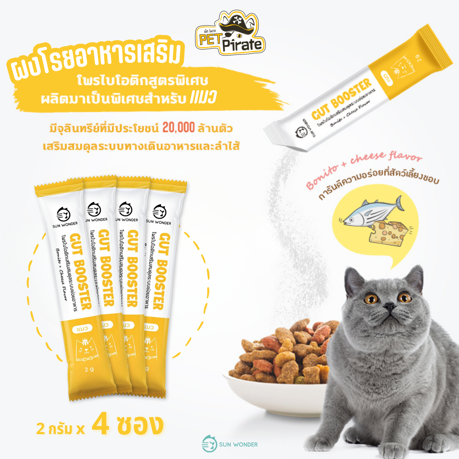 SUN WONDER Gut Booster โพรไบโอติกส์สำหรับแมว [ชุด 4 ซอง] ปรับสมดุลการทำงานของลำไส้ ช่วยย่อยอาหาร สินค้าจากไต้หวัน