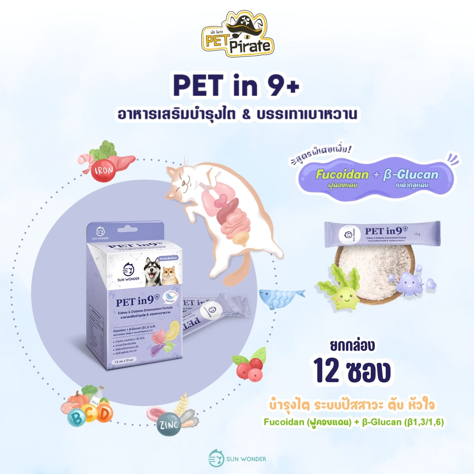 Sun Wonder Pet in 9+ อาหารเสริมสัตว์เลี้ยง [ยกกล่อง 12 ซอง] รักษาสมดุลการทำงานร่างกาย ดูแลระบบภายใน