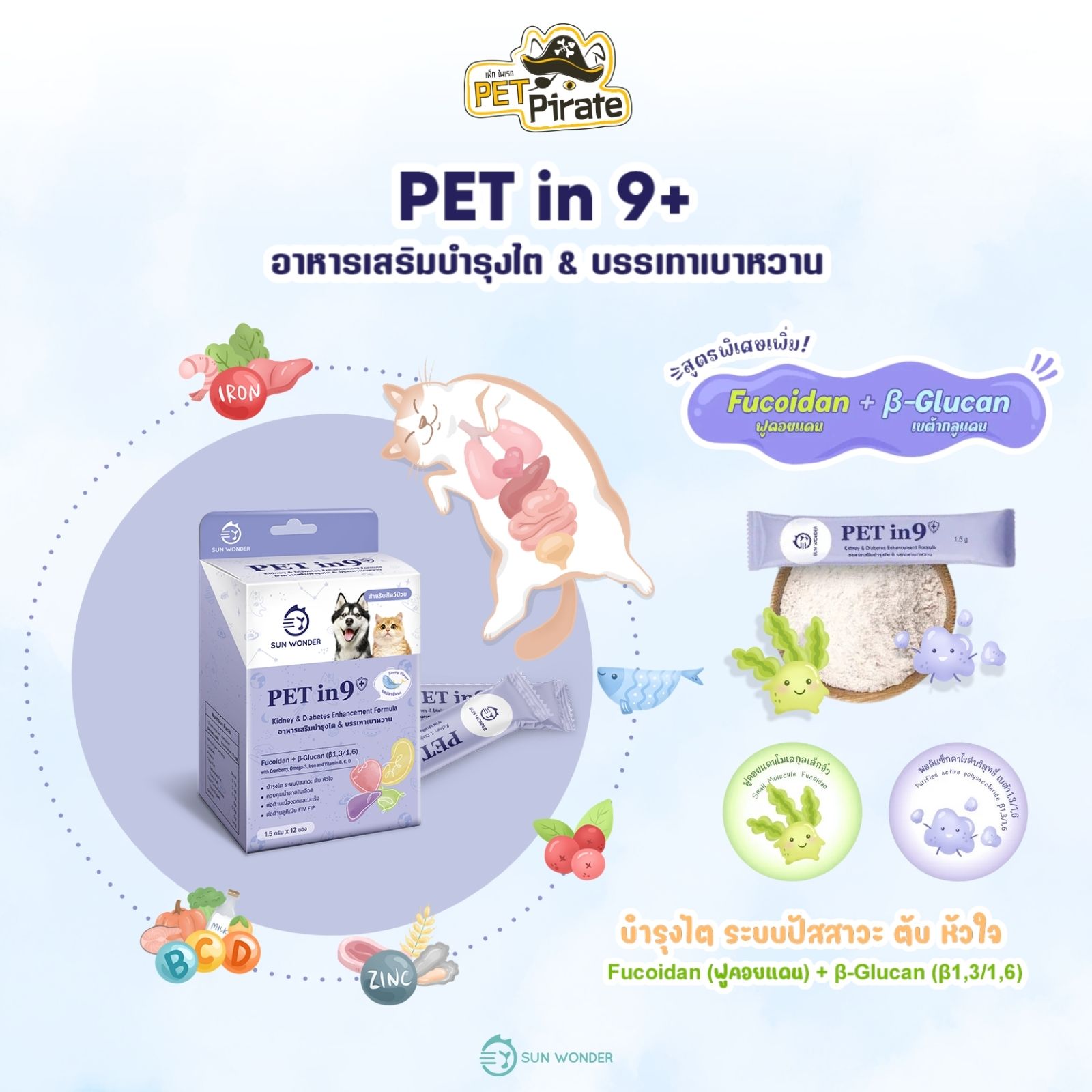 Sun Wonder Pet in 9+ อาหารเสริมสัตว์เลี้ยง รักษาสมดุลการทำงานของร่างกายและดูแลระบบภายใน 1.5 กรัม/ซอง