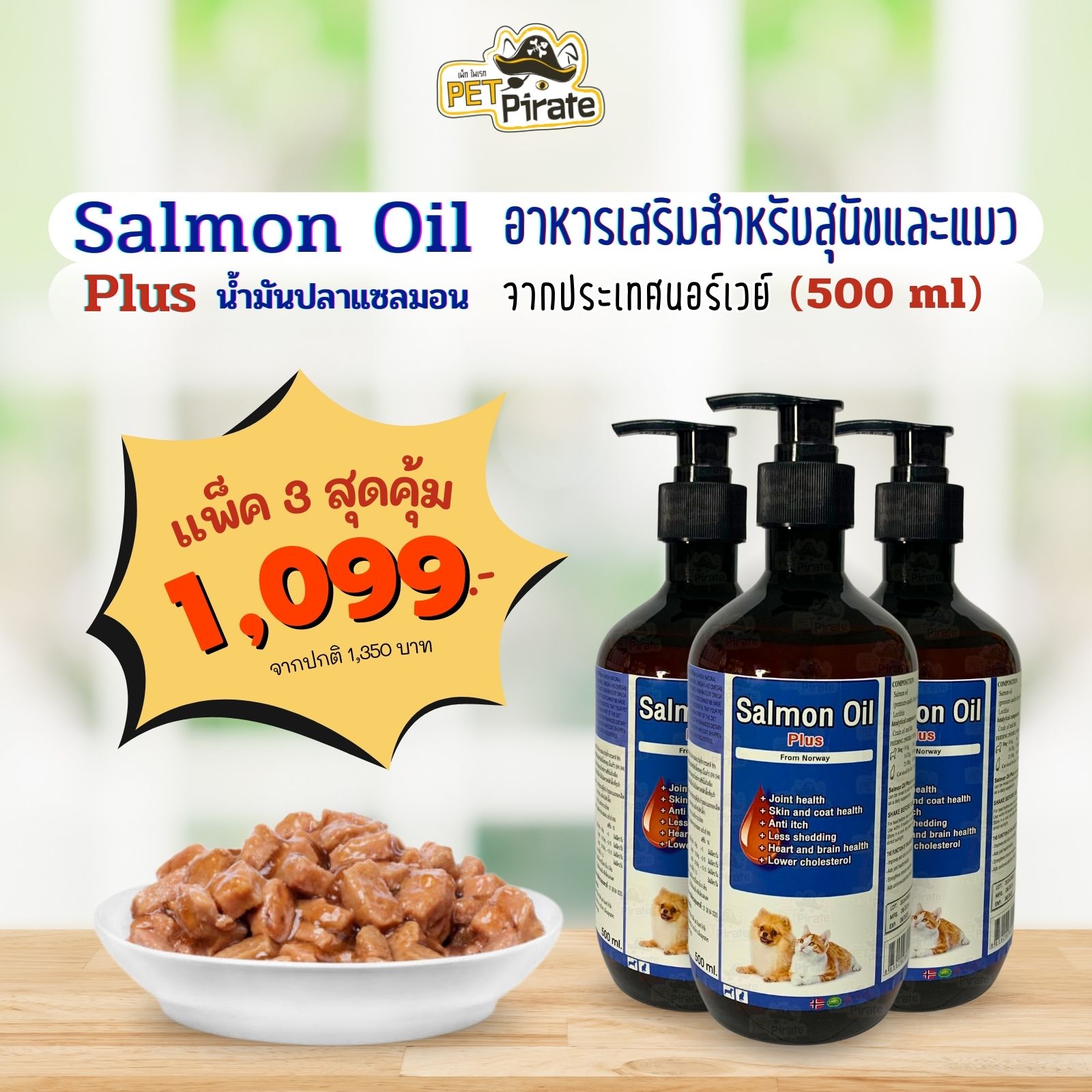 Salmon Oil Plus น้ำมันปลาแซลมอน อาหารเสริมสุนัขและแมว [ชุด 2-3 ขวด] จากประเทศนอร์เวย์ บรรจุ 500 มล.