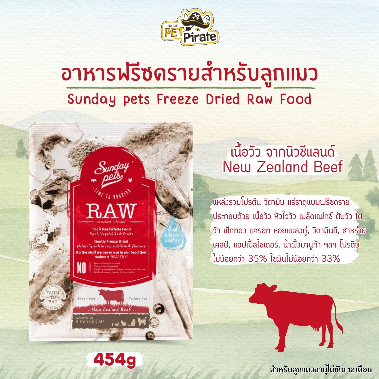 Sunday pets RAW อาหารฟรีซดราย อาหารลูกแมวอายุไม่เกิน 12 เดือน แหล่งรวมโปรตีน วิตามิน แร่ธาตุครบ มีให้เลือก 2 รสชาติ