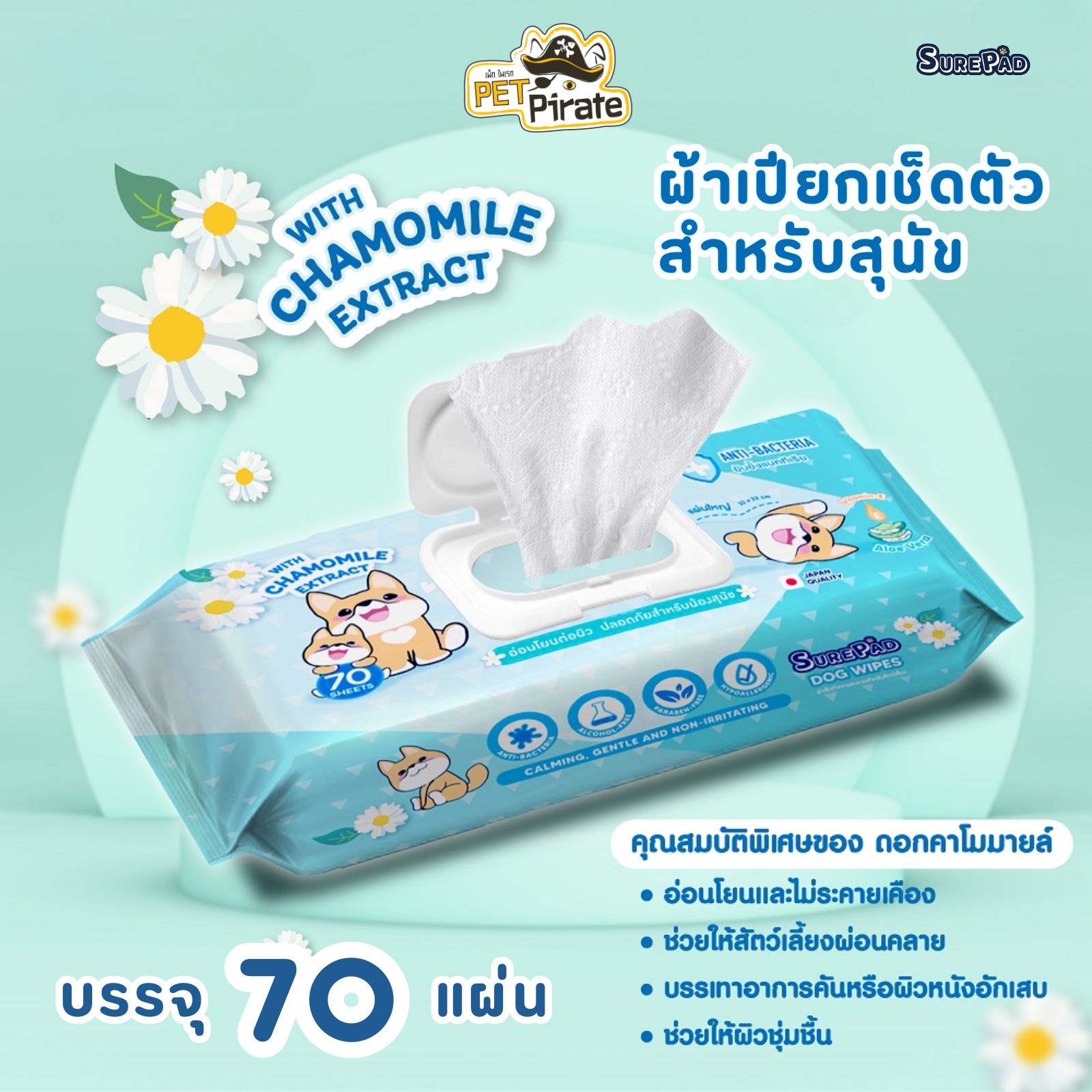 SurePad Dog Wipes ทิชชู่เปียกหมา ผ้าเปียกหมา แผ่นใหญ่ ไม่ขาดง่าย ไม่มีแอลกอฮอล์ ไม่มีน้ำหอม ลดกลิ่นเหม็น [70แผ่น]