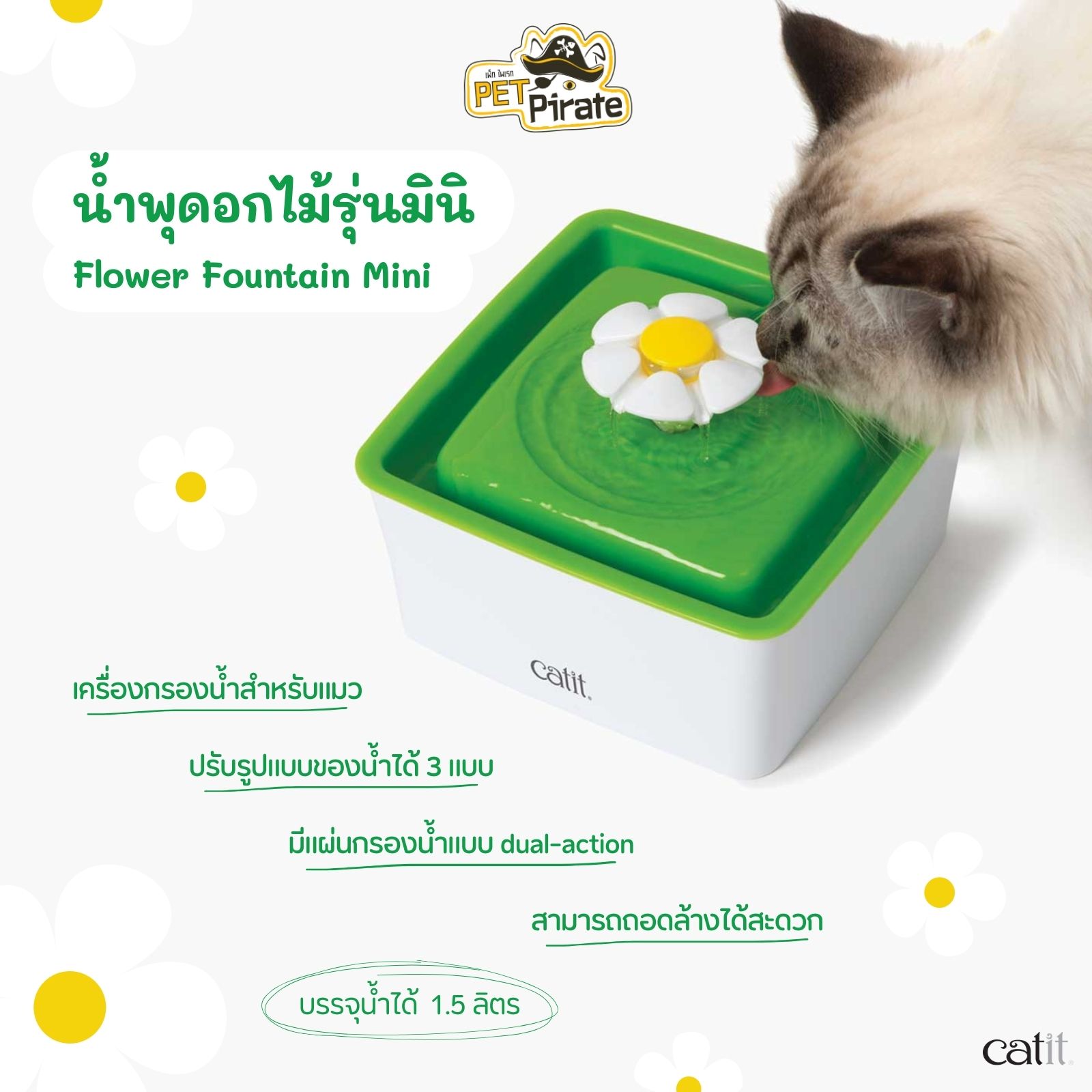 Catit น้ำพุดอกไม้รุ่นมินิ ขนาด 1.5 ลิตร ปรับใช้งานได้ 3 แบบ พร้อมแผ่นกรอง 1 แผ่น น้ำพุแมว ที่ให้น้ำแมว เครื่องกรองน้ำแมว