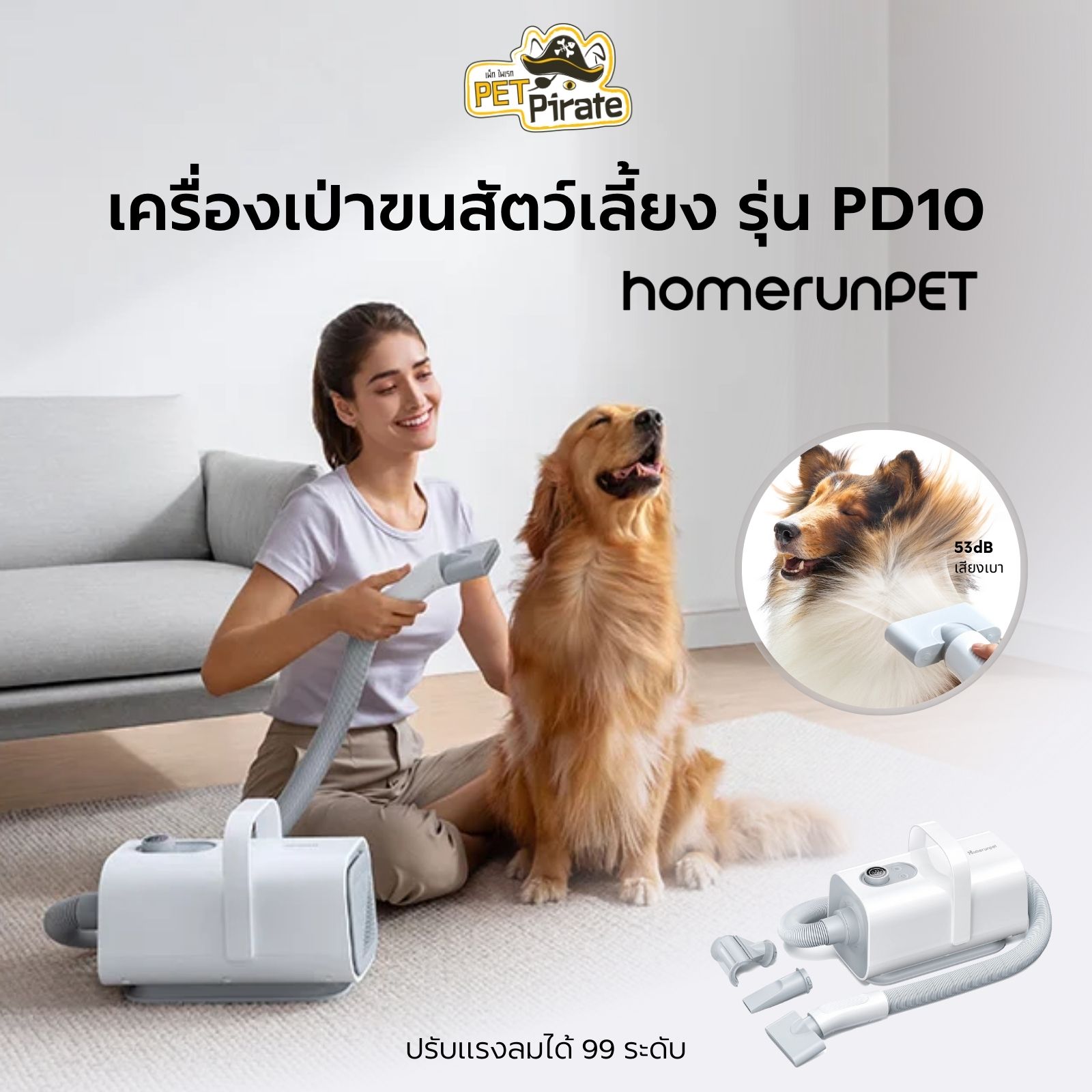 Homerunpet เครื่องเป่าขนสัตว์เลี้ยง รุ่น PD10 ปรับระดับแรงลมได้ 99 ระดับ ปรับอุณหภูมิได้ 3 อุณหภูมิ