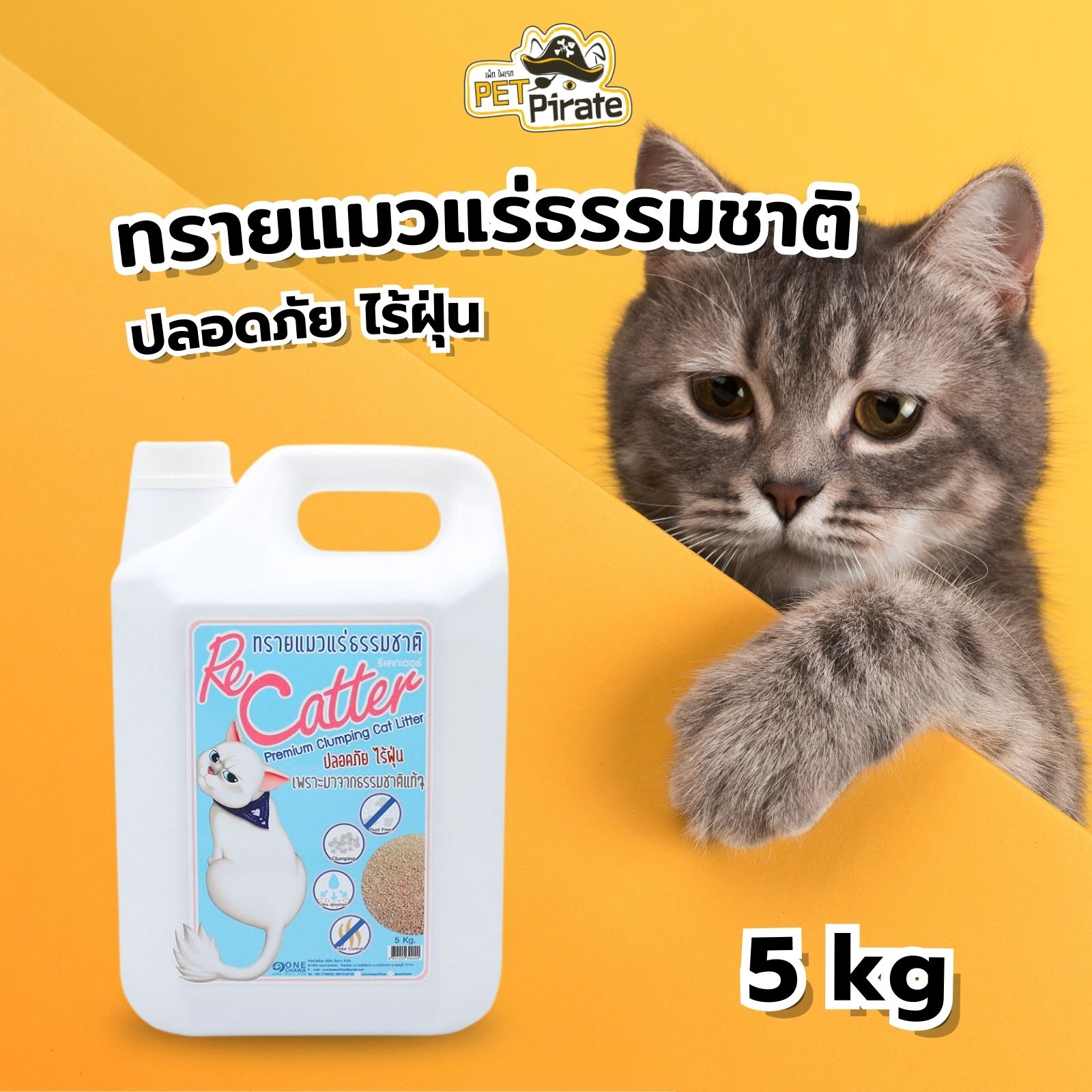 Re Catter รีแคทเตอร์ ทรายแมว ทำจากแร่ธรรมชาติ ไร้ฝุ่น จับตัวเป็นก้อนดี ดูดซึมดี ดูดกลิ่นดี ขนาด 5 kg